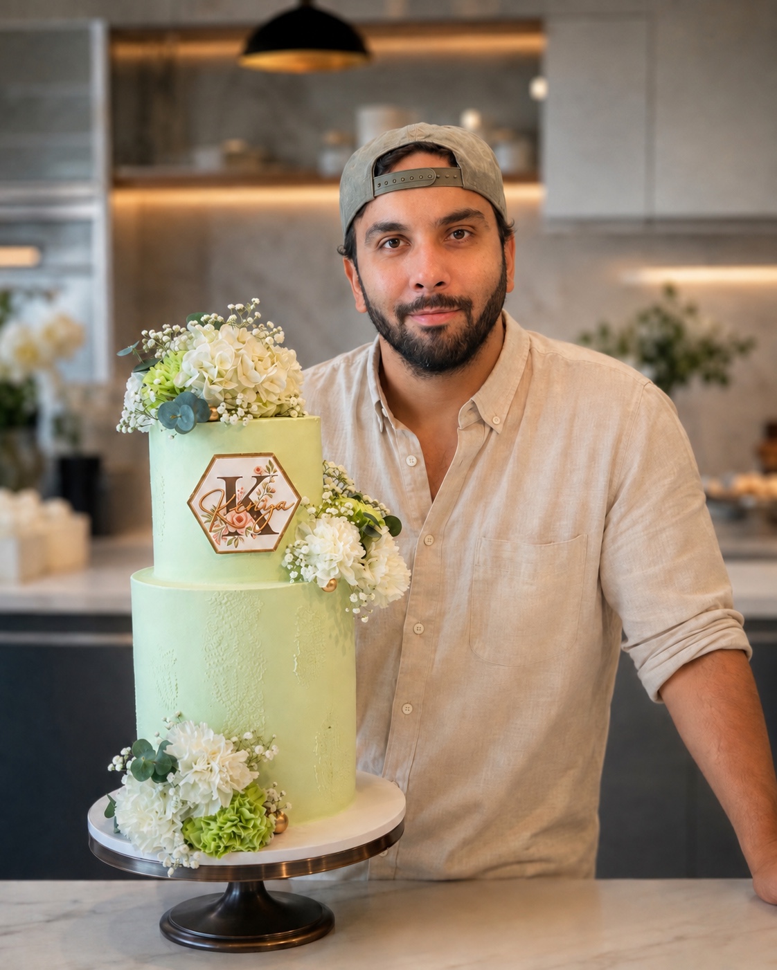 Antonio beside a custom two-tier floral cake