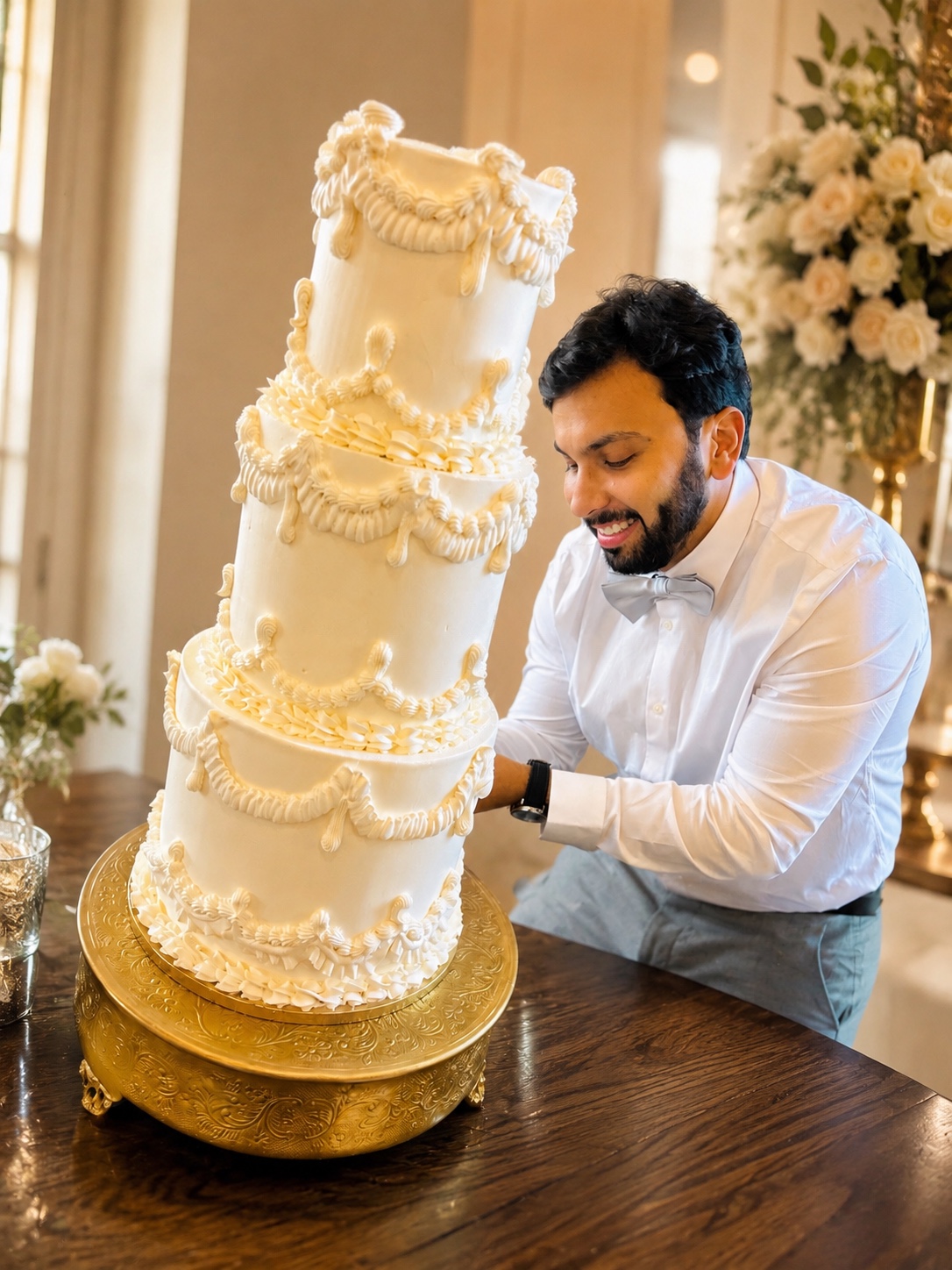 Antonio finishing an elegant three-tier buttercream wedding cake