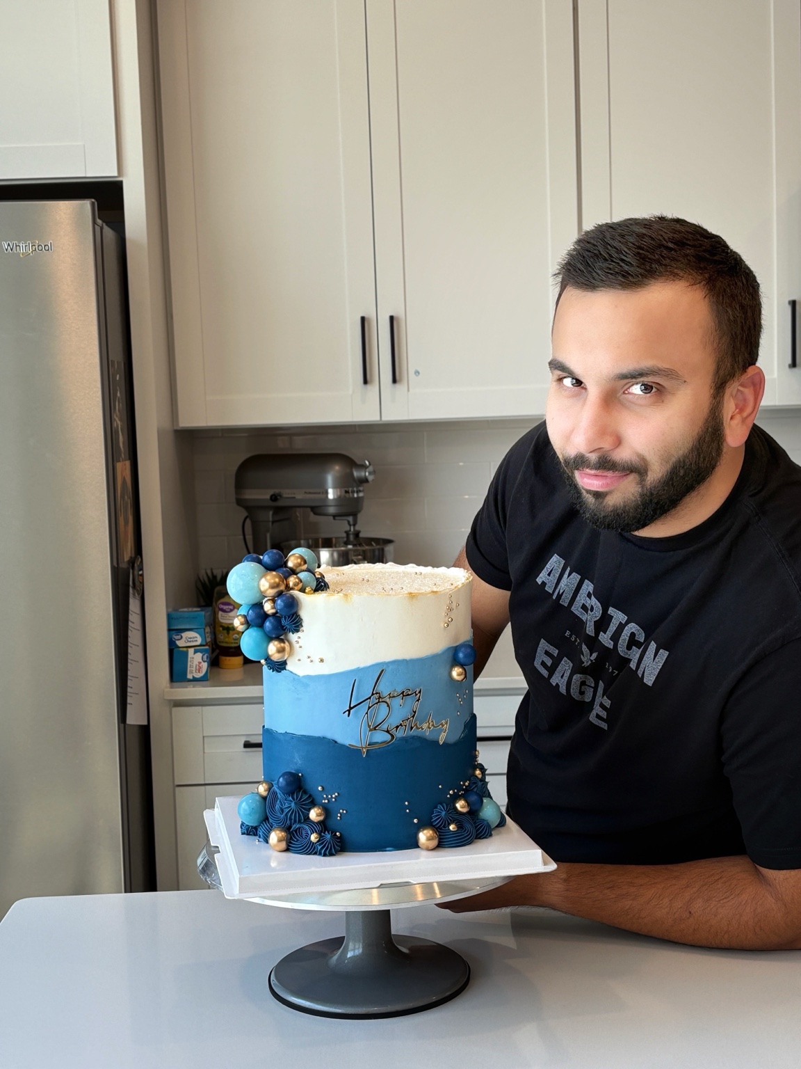 Blue and white custom cake